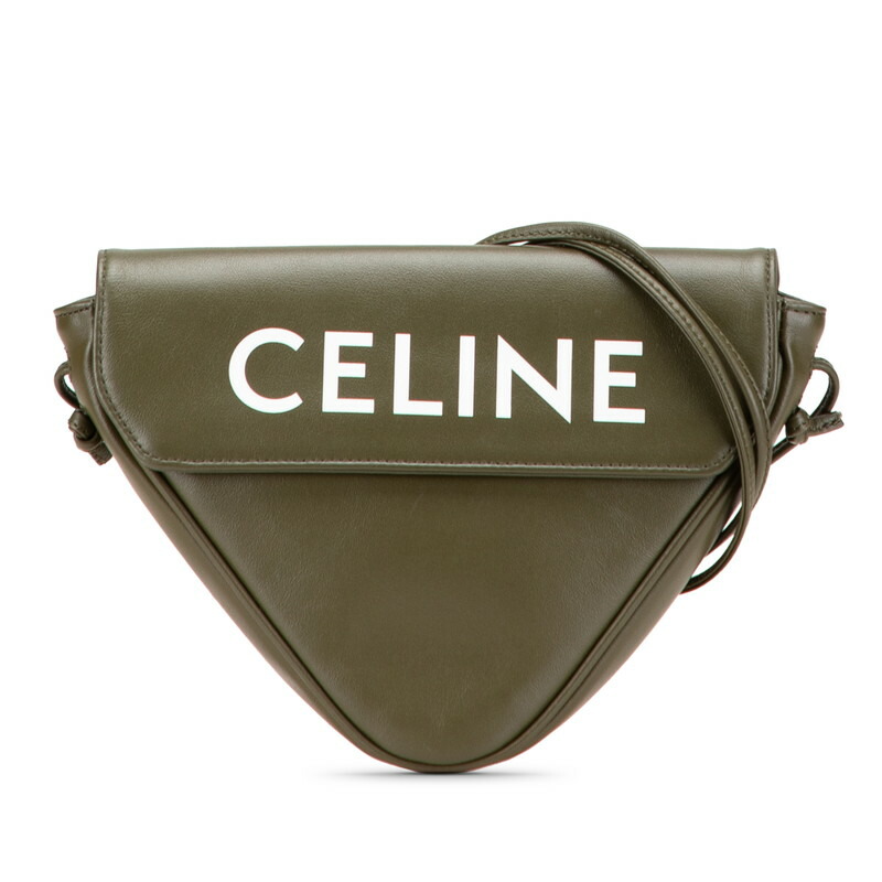 セリーヌ ロゴタイプ ３角形 ショルダーバッグ カーキ なめし革 レディース CELINE 【中古】