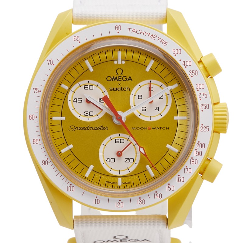 オメガ × スウォッチ SWATCH スピードマスター ムーンスウォッチ MISSION TO THE SUN 腕時計 SO33J100 クオーツ ゴールド文字盤 セラミック ナイロン メンズ OMEGA 【中古】