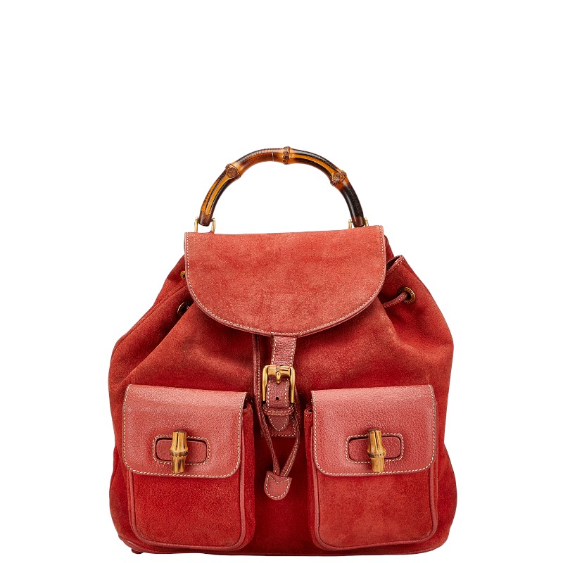 グッチ バンブー リュック バックパック 003.2058.0016 レッド ブラウン スウェード レザー レディース GUCCI 【中古】