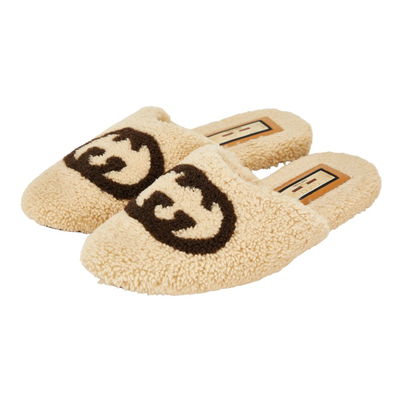 グッチ インターロッキングG サンダル サイズ：9 ベージュ ブラウン ボア レディース GUCCI 【中古】