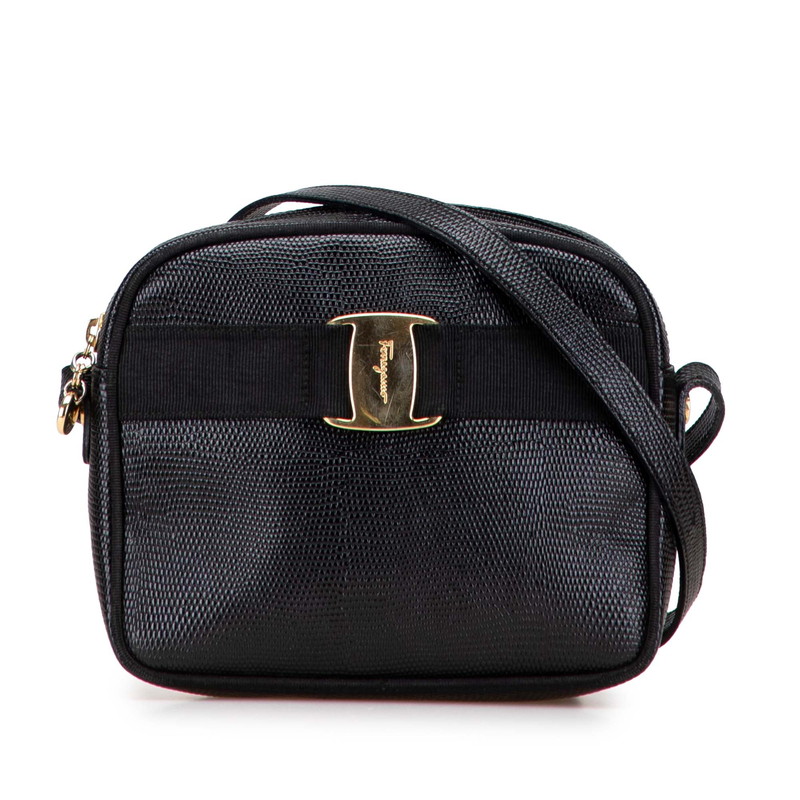 サルヴァトーレフェラガモ ヴァラ リザード型押し ショルダーバッグ ブラック レザー レディース Salvatore Ferragamo 【中古】