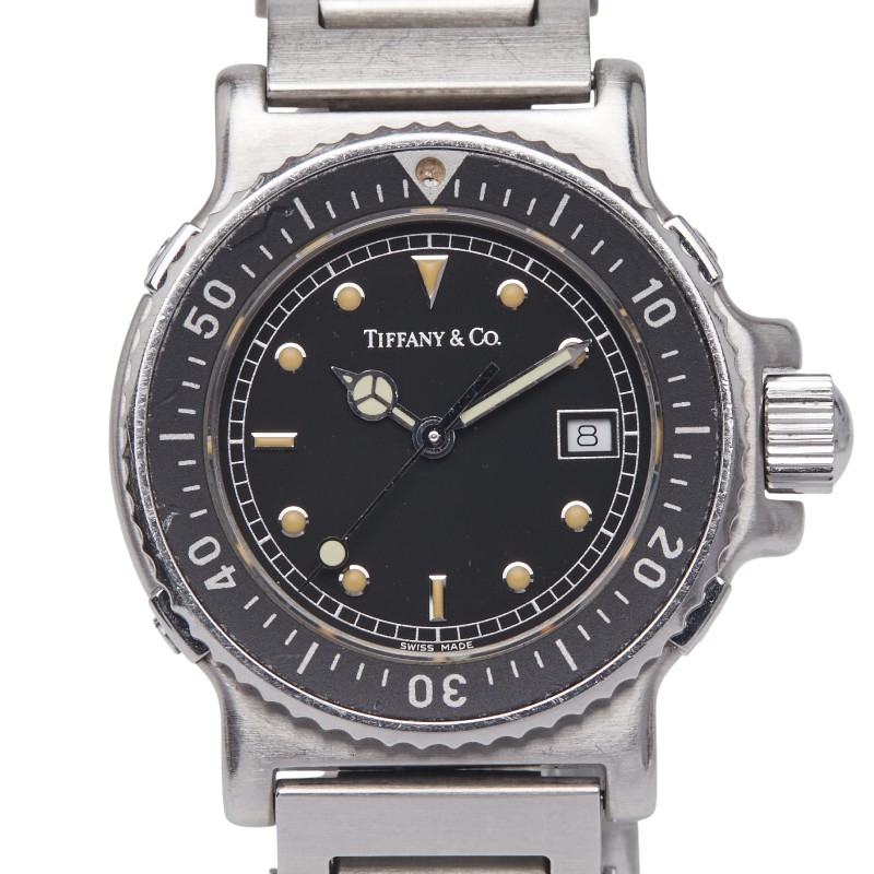 ティファニー ダイバーズ 赤 Quartz 純正レザーベルト 稼働品