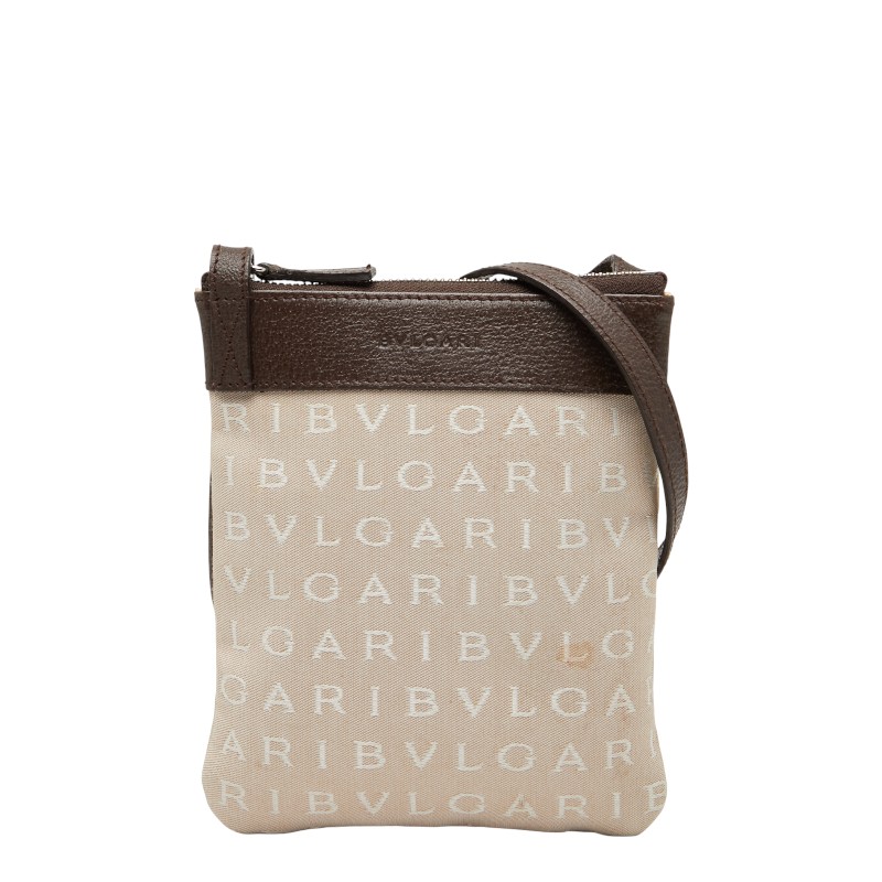ブルガリ ロゴマニア ポシェット ショルダーバッグ ベージュ ブラウン キャンバス レザー レディース BVLGARI 【中古】|【銀座パリス】 店