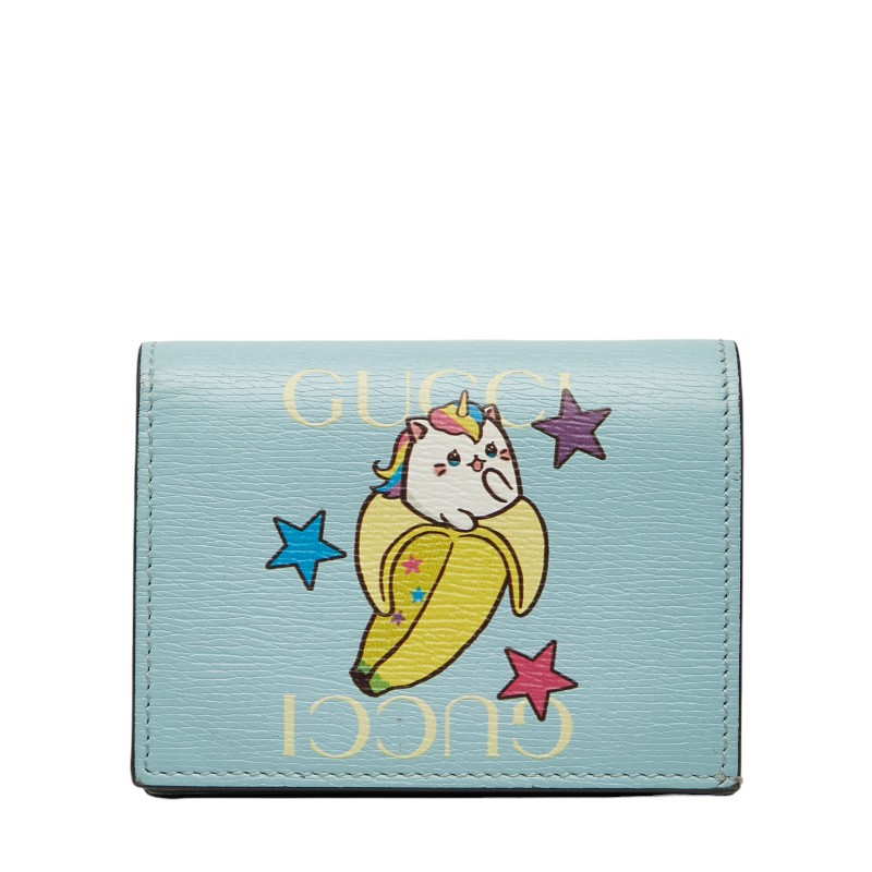 グッチ ばなにゃ 二つ折り札入れ 701009 青色 なめし革 レディース GUCCI 【中古】