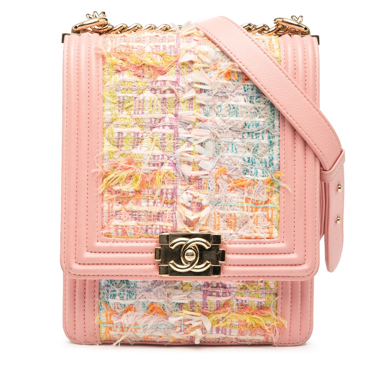 シャネル ボーイシャネル ココマーク チェーン ショルダーバッグ ピンク マルチカラー ツイード ラムスキン レディース CHANEL 【中古】