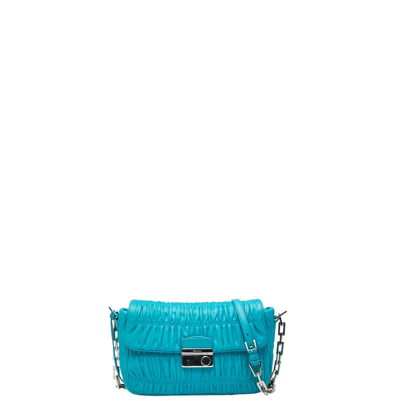 プラダ ナッパゴーフル チェーン店 ショルダーバッグ BT0939 青み なめし革 レディース PRADA 【中古】