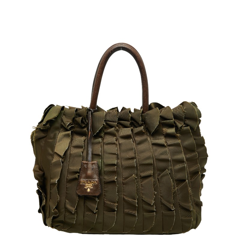 プラダ フリル ハンドバッグ トートバッグ BN1728 カーキ ブラウン ナイロン レザー レディース PRADA 【中古】 27,600円