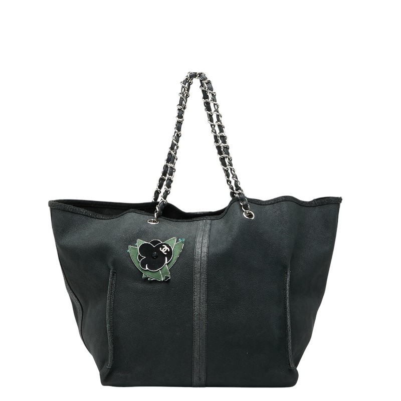 シャネル カメリア チェーントートバッグ ブラック グリーン キャビアスキン レディース CHANEL 【中古】