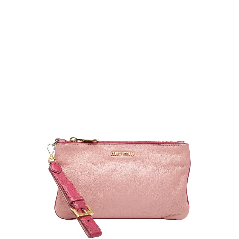 ミュウミュウ ロゴタイプ 合切袋 サクラ色 なめし革 レディース MIUMIU 【中古】