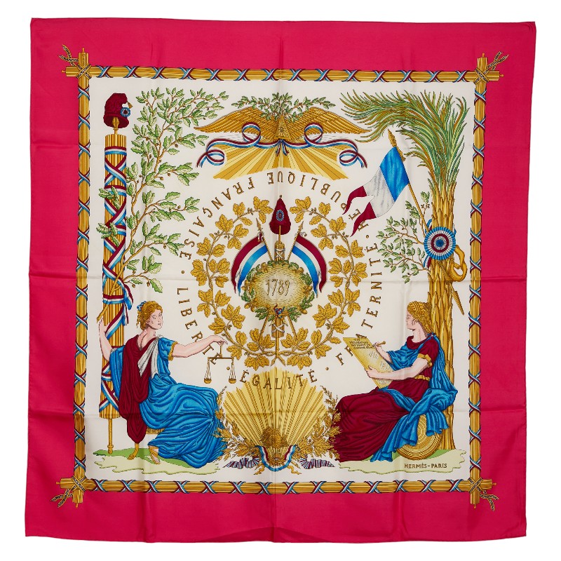 エルメス カレ90 1789 LIBERTE EGALITE FRATERNITE REPUBLIQUE FRANCAISE フランス共和国大変革を祝するして えり巻き サクラ色 マルチ色つや レディース HERMES 【中古】