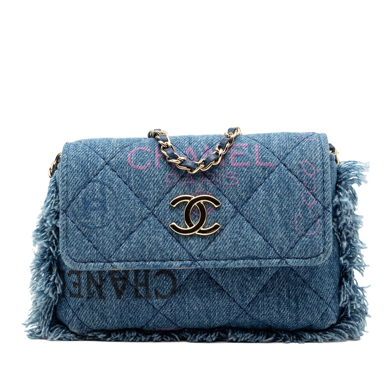 シャネル マトラッセ ココマーク フリンジ  ショルダーバッグ ブルー マルチカラー デニム レディース CHANEL 【中古】