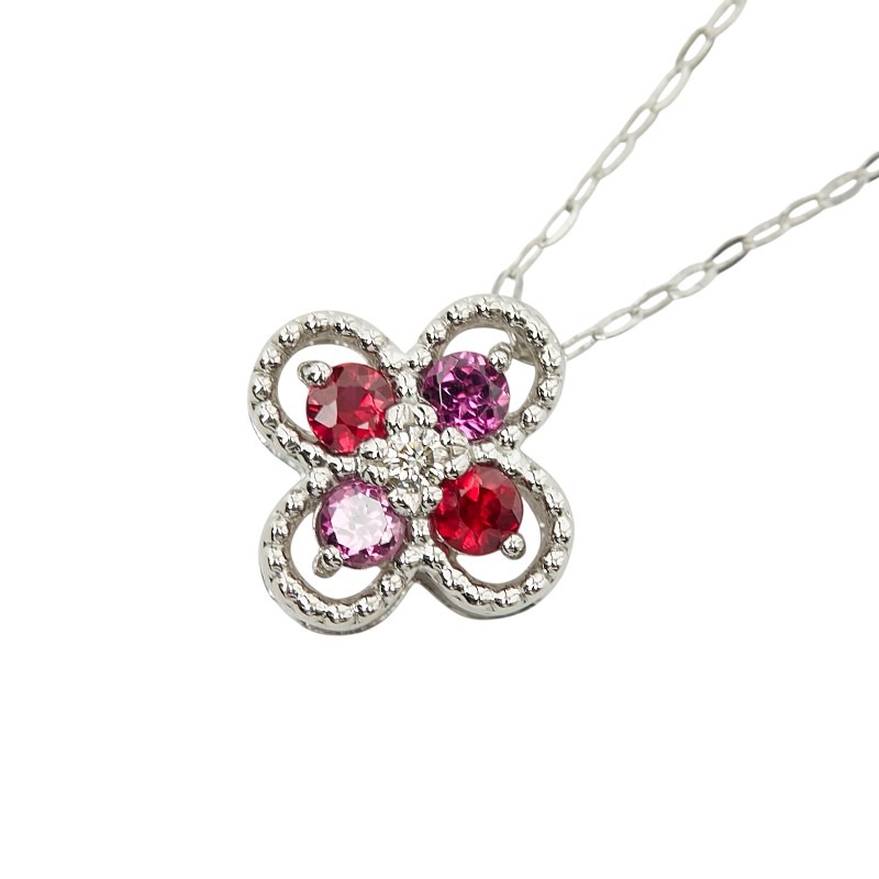 Pt950 プラチナ Pt900 プラチナ ダイヤ0.03ct ルビー0.20ct サファイア0.18ct クローバーモチーフ ネックレス レディース 【中古】