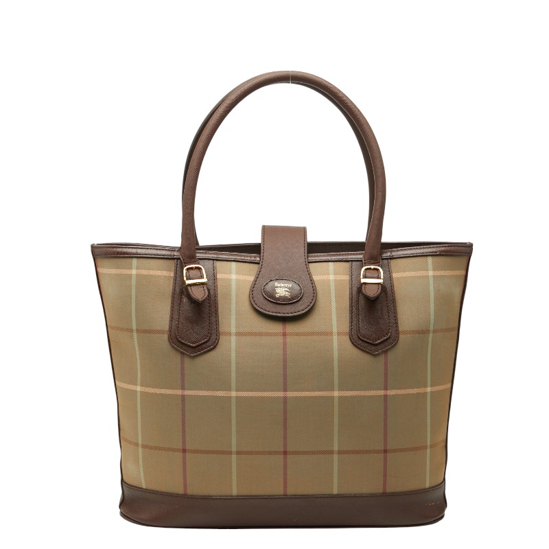バーバリー チェック トートバッグ ブラウン マルチカラー キャンバス レザー レディース BURBERRY 【中古】