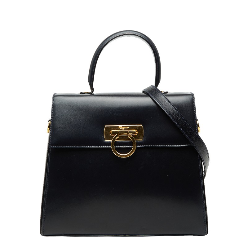 サルヴァトーレフェラガモ ガンチーニ ハンドバッグ ショルダーバッグ 2WAY ネイビー カーフレザー レディース Salvatore Ferragamo 【中古】｜【銀座パリス】　店
