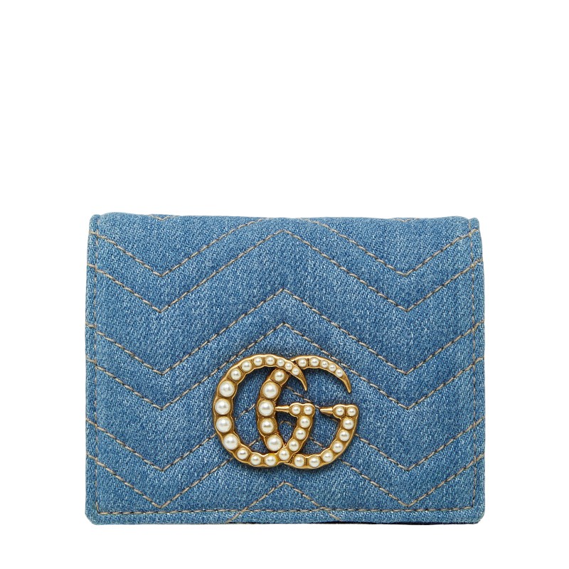 グッチ GGマーモント 二つ折り紙入れ コンパクトウォレット 466492 青み ジーンズ フェイクパール レディース GUCCI 【中古】