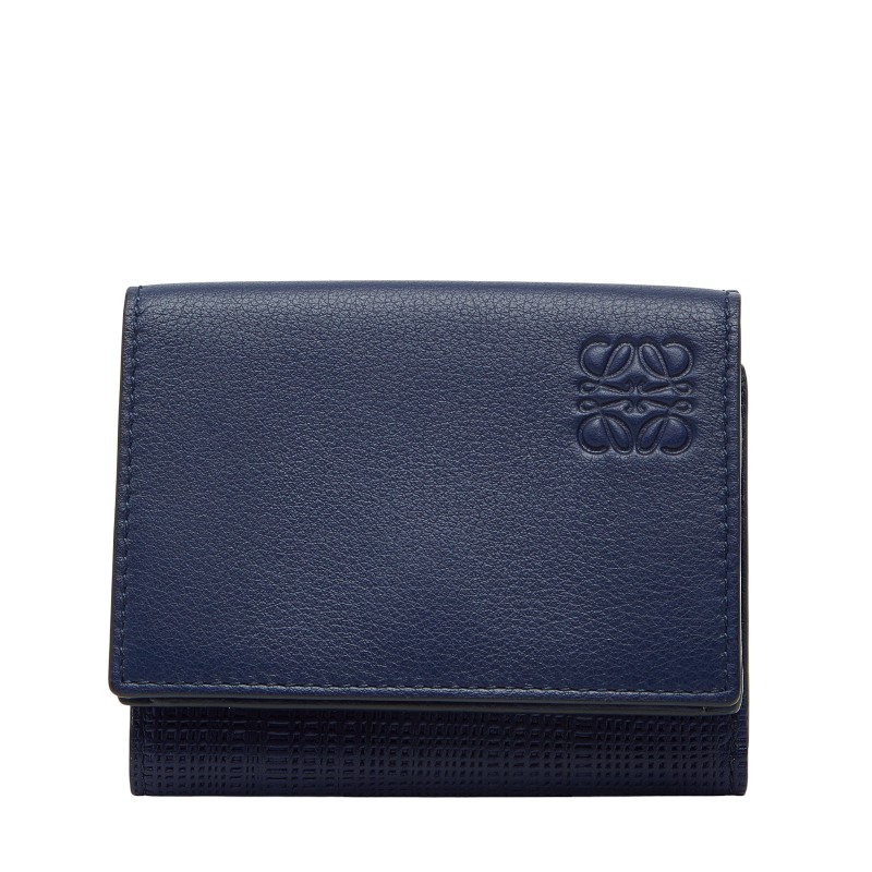 ロエベ リネン 三つ折り紙入れ トライフォールドウォレット 青味 なめし革 レディース LOEWE 【中古】