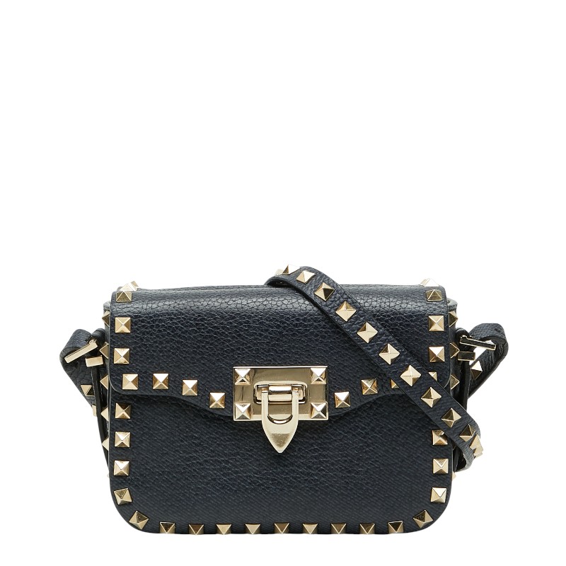 ヴァレンティノ スタッズ ショルダーバッグ ネイビー ゴールド レザー レディース VALENTINO 【中古】