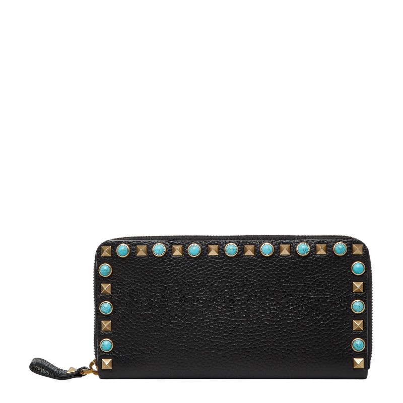 ヴァレンティノ ロックスタッズ ラウンドジッパー 長紙入れ 黒いこと ターコイズブルー なめし革 レディース VALENTINO 【中古】