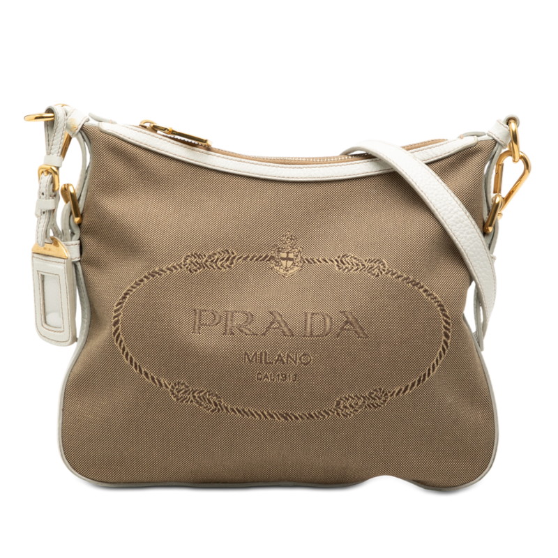 プラダ ロゴジャガード 斜め掛け ショルダーバッグ BT0706 ベージュ ホワイト キャンバス レザー レディース PRADA 【中古】