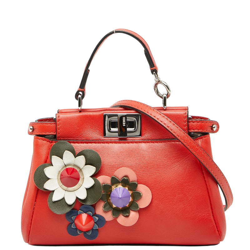フェンディ マイクロ ピーカブー フラワーモチーフ ハンドバッグ ショルダーバッグ ポシェット 2WAY 8M0355 レッド レザー レディース FENDI 【中古】|【銀座パリス】 店