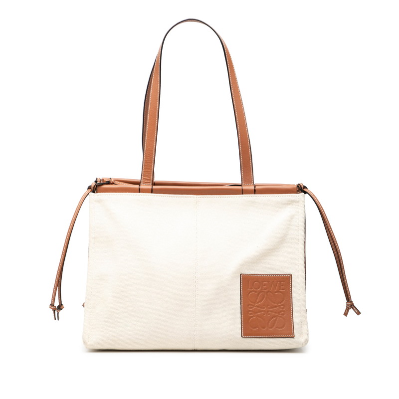 ロエベ アナグラム クッショントート ミディアム ショルダーバッグ ホワイト ブラウン キャンバス レザー レディース LOEWE 【中古】