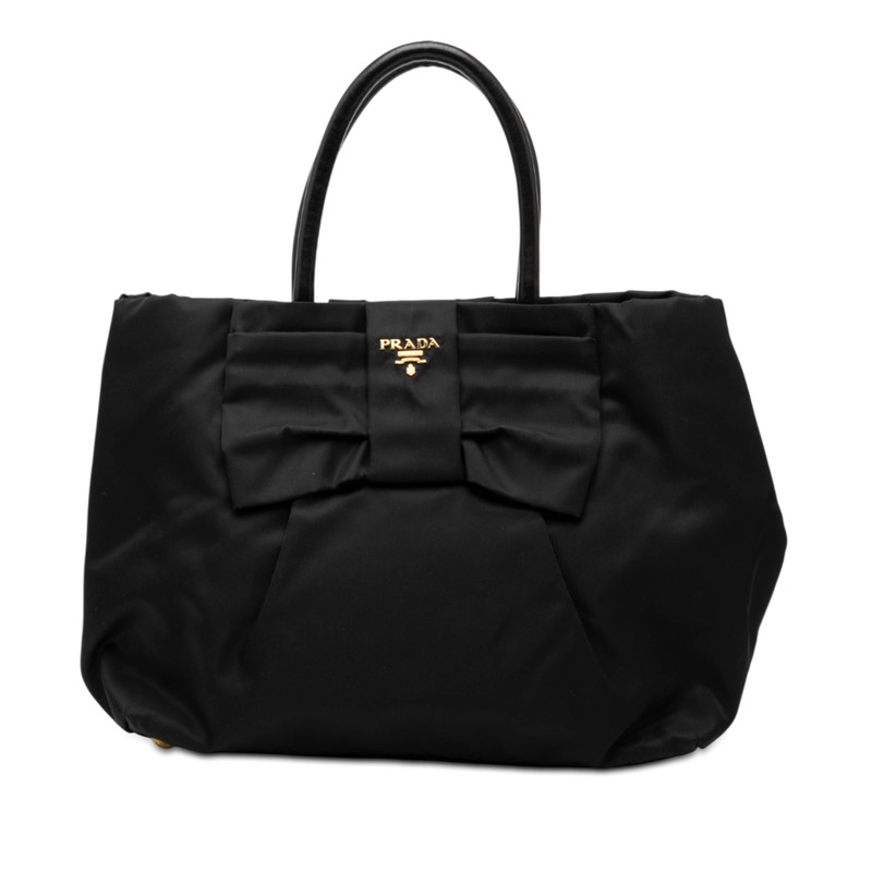 プラダ テスート リボン ロゴ ハンドバッグ トートバッグ ブラック ナイロン レザー レディース PRADA 【中古】