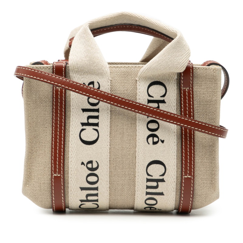 クロエ ウッディ ミニ ハンドバッグ ショルダーバッグ 2WAY ベージュ ブラウン キャンバス レザー レディース Chloe 【中古】