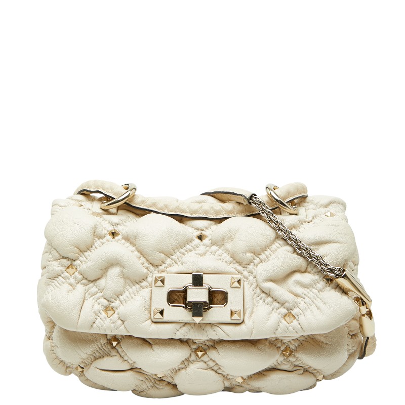 ヴァレンティノ ロックスタッズ スパイク 斜め掛け ミニショルダーバッグ アイボリー ホワイト レザー レディース VALENTINO 【中古】