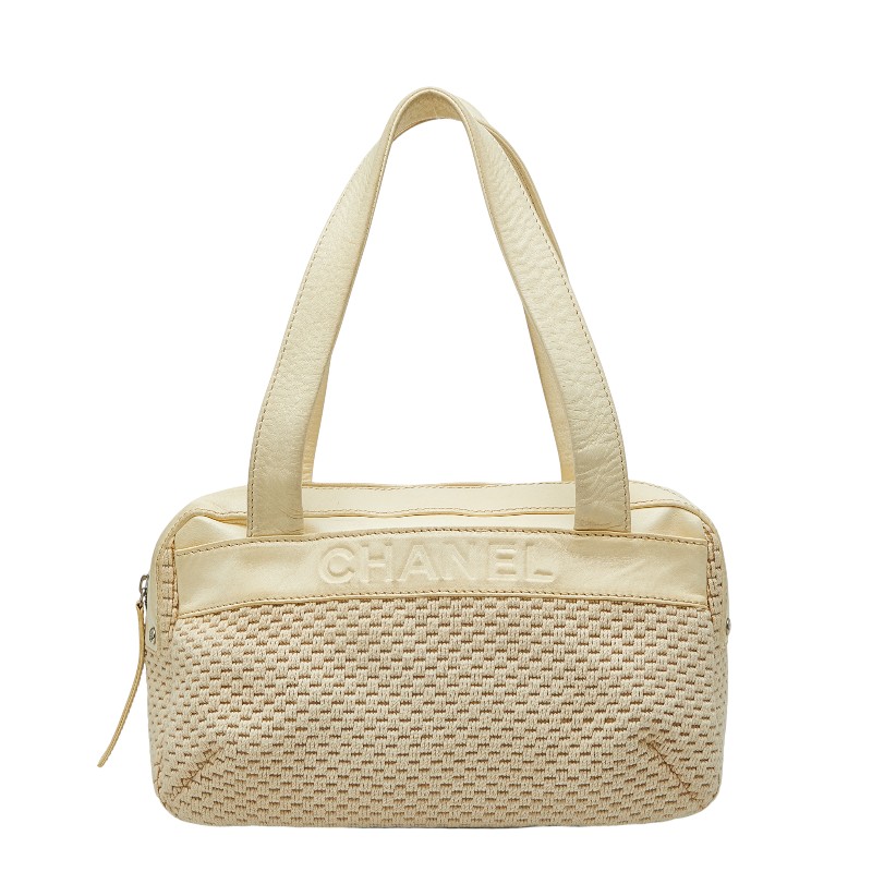 シャネル ロゴ ハンドバッグ ショルダーバッグ アイボリー ホワイト ラムスキン コットン レディース CHANEL 【中古】
