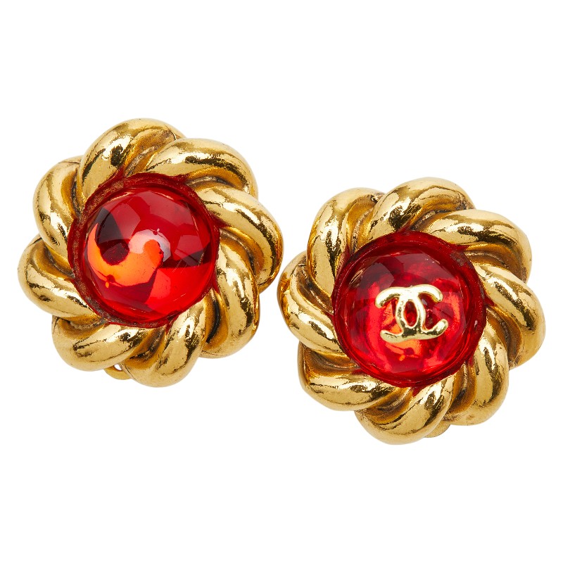 シャネル ココマーク グリポア イヤリング ゴールド レッド メッキ ガラス レディース CHANEL 【中古】