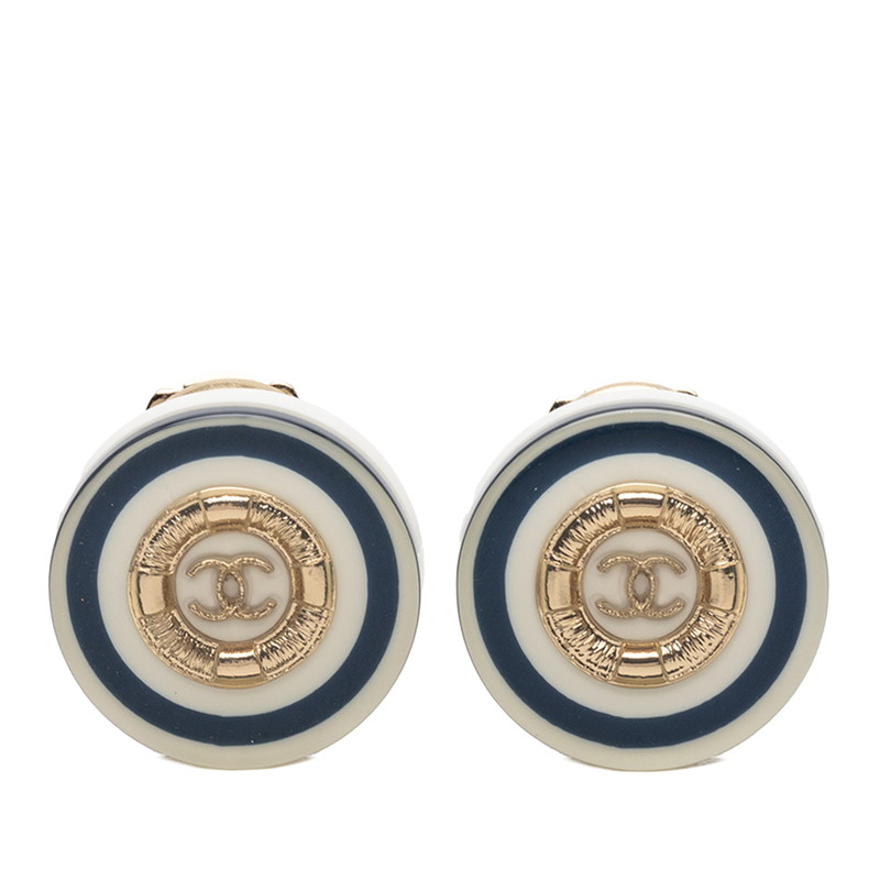 シャネル ココマーク クルーズライン イヤリング ホワイト ネイビー ゴールド プラスチック メッキ レディース CHANEL 【中古】