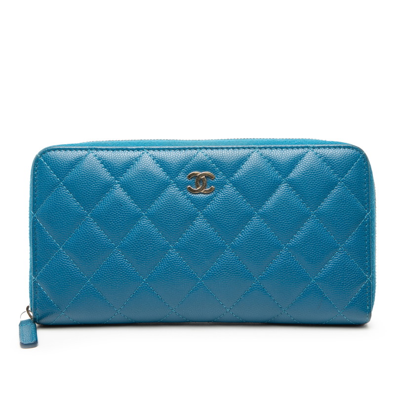 シャネル ココマーク マトラッセ ラウンドファスナー 長財布 ブルー キャビアスキン レディース CHANEL 【中古】