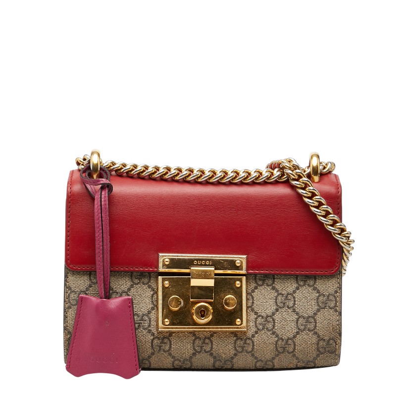 グッチ GGスプリーム 斜め掛け チェーン ショルダーバッグ 409487 ベージュ レッド ピンク PVC レザー レディース GUCCI 【中古】