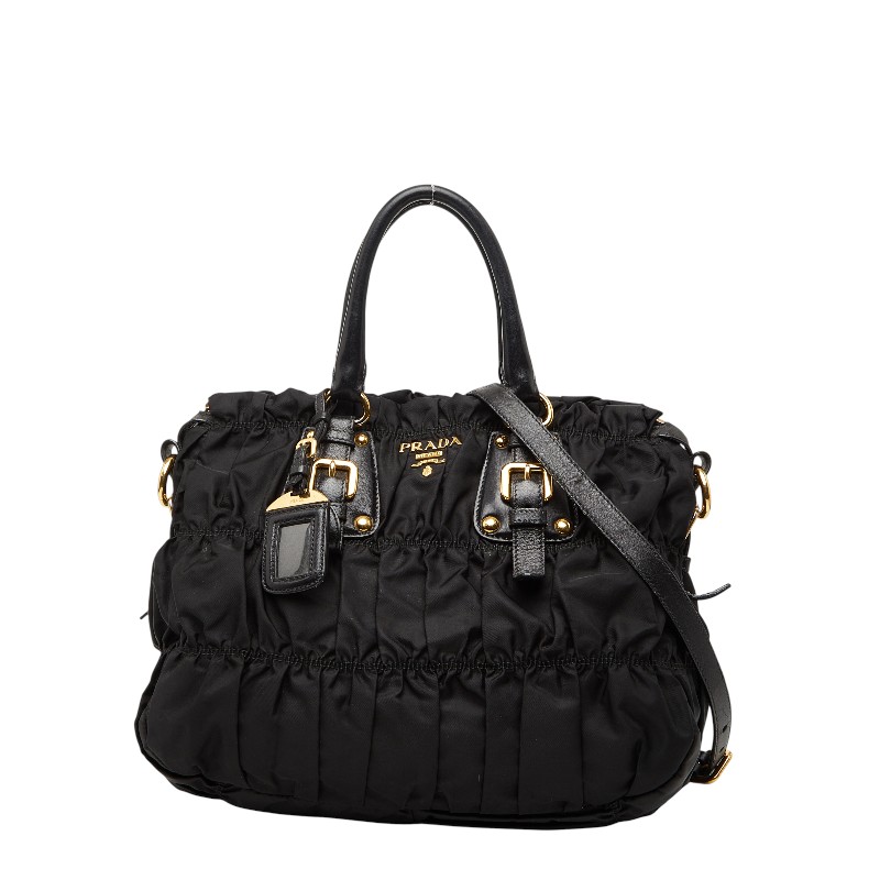 プラダ ギャザー ロゴ トートバッグ ショルダーバッグ 2WAY BN2346 ブラック ナイロン レザー レディース PRADA 【中古】|【銀座パリス】 店