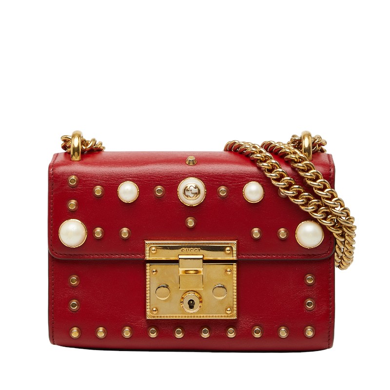グッチ パドロック スタッズ チェーン ショルダーバッグ 432182 レッド レザー レディース GUCCI 【中古】