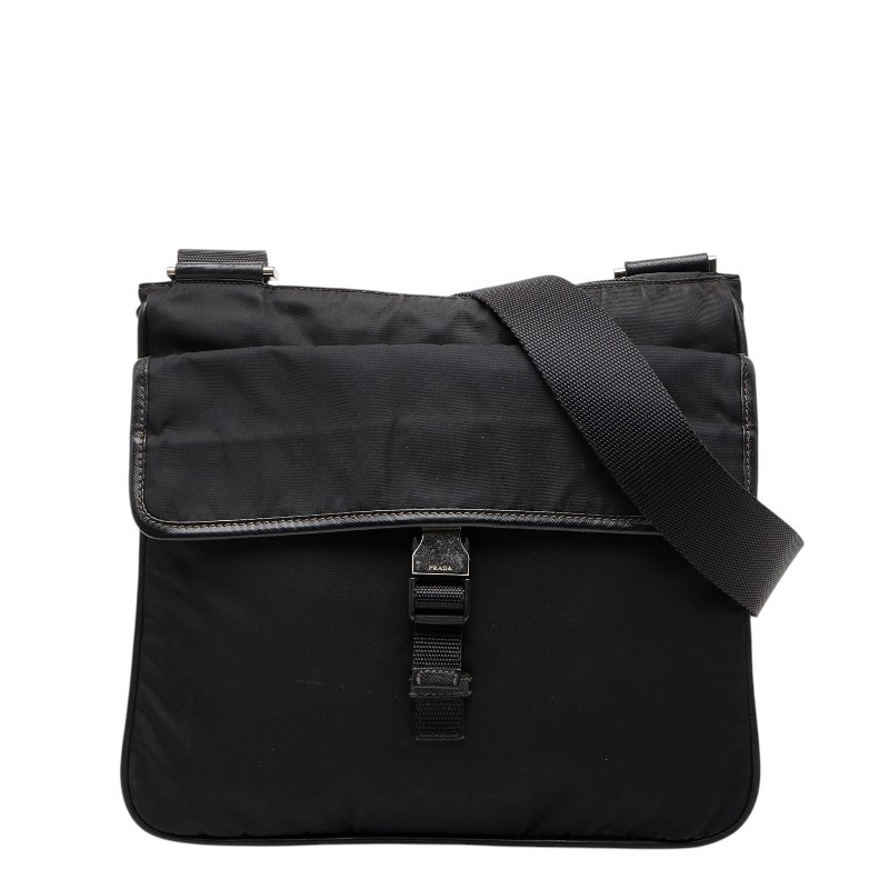 プラダ 三角ロゴプレート ショルダーバッグ ブラック ナイロン レザー レディース PRADA 【中古】