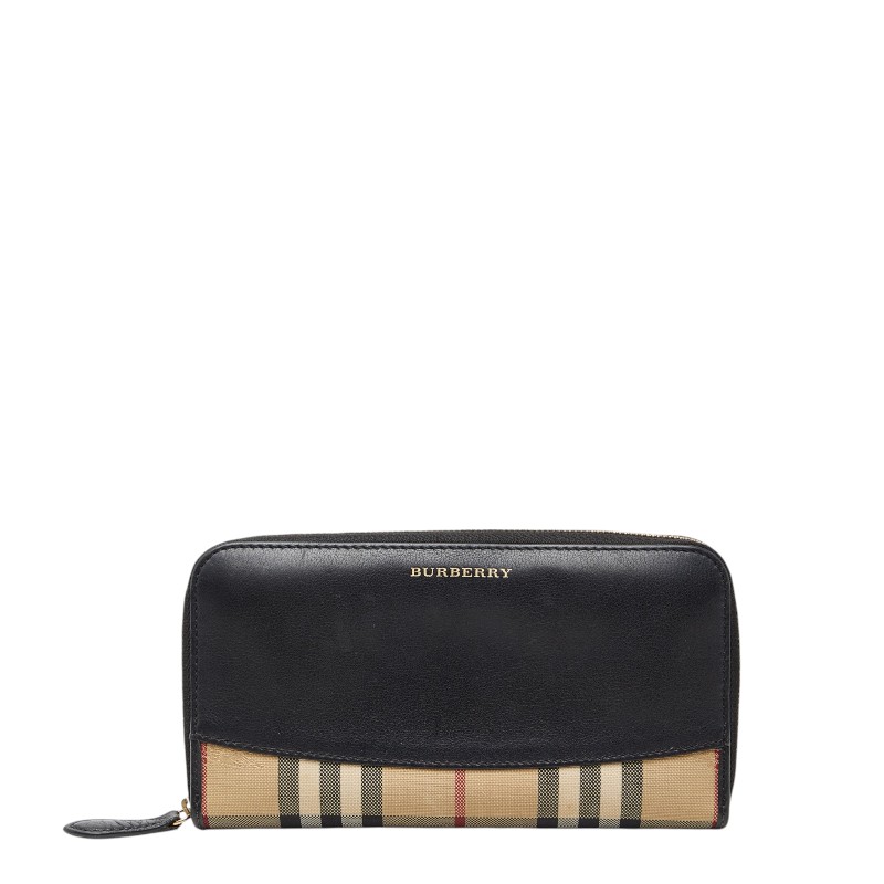 バーバリー ノバチェック 長財布 3982455 ブラック ベージュ レザー キャンバス レディース BURBERRY 【中古】