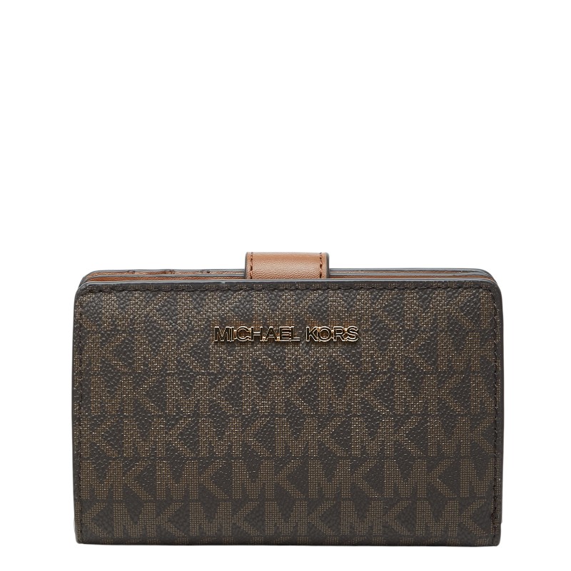 マイケルコース MKシグネチャー JET SET TRAVEL ビルフォールド コンパクト ウォレット ミディアム 二つ折り財布 ブラウン PVC レディース Michael Kors 【中古】