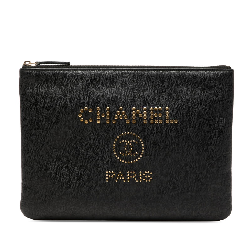 シャネル スタッズ ココマーク クラッチバッグ ブラック キャビアスキン レディース CHANEL 【中古】