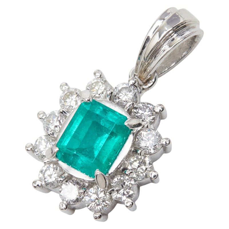 Pt900 プラチナ エメラルド0.91ct ダイヤ0.60ct フラワーモチーフ ペンダントトップ ネックレス レディース 【中古】