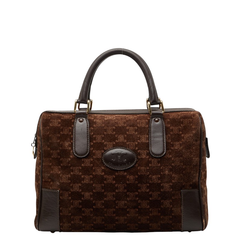 セリーヌ マカダム ミニボストンバッグ ハンドバッグ ブラウン スウェード レザー レディース CELINE 【中古】