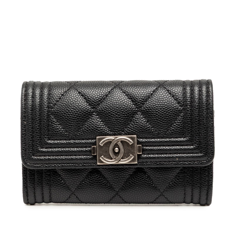シャネル ココマーク マトラッセ ボーイシャネル カードケース パスケース ブラック キャビアスキン レディース CHANEL 【中古】