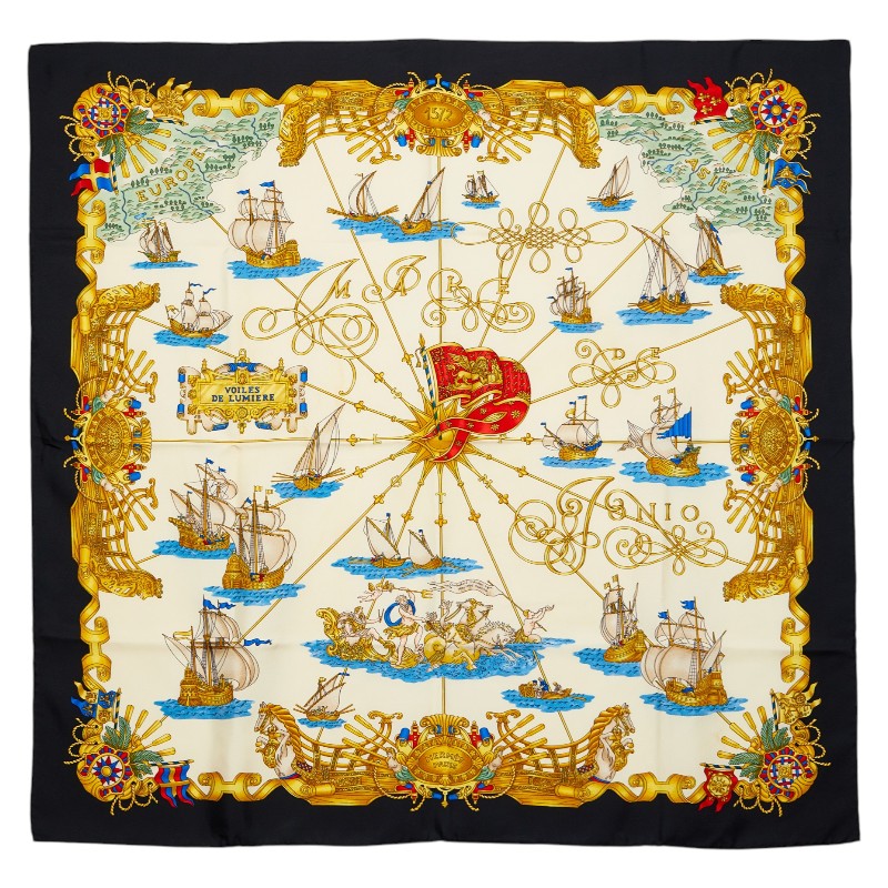 エルメス カレ90 VOILES DE LUMIERE 光の帆船 スカーフ ブラック マルチカラー レディース HERMES 【中古】