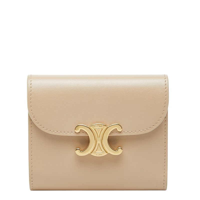 セリーヌ トリオンフ スモールフラップウォレット 三つ折り紙入れ ベージュ なめし革 レディース CELINE 【中古】