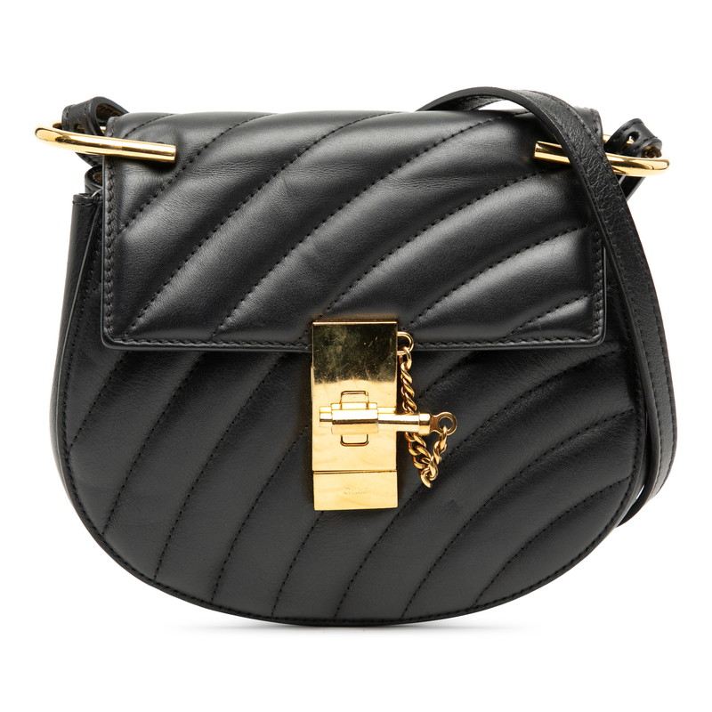 クロエ ドリュー キルティング 斜め掛け ショルダーバッグ ターンロック ブラック ゴールド カーフ レディース Chloe 【中古】