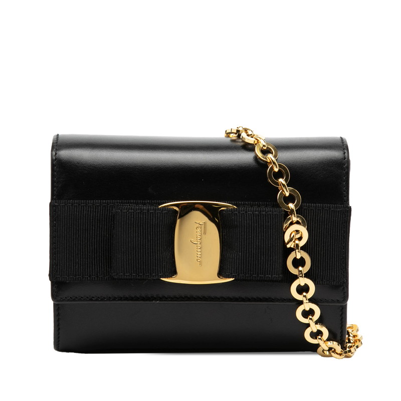 サルヴァトーレフェラガモ ヴァラリボン ミニ チェーン ショルダーバッグ ブラック ゴールド レザー レディース Salvatore Ferragamo 【中古】
