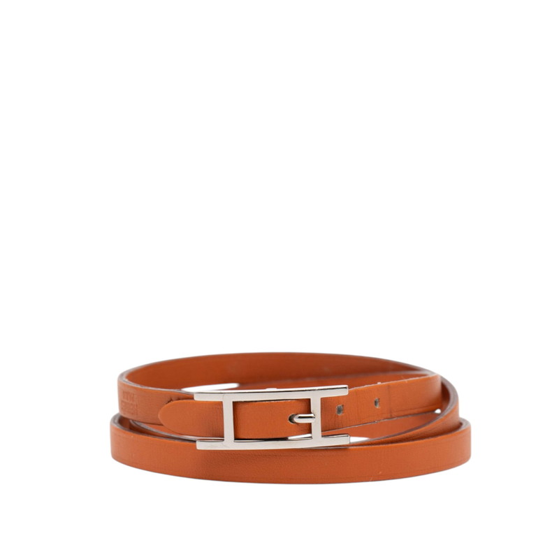 エルメス アピ3 Hロゴ 3連 ブレスレット オレンジ シルバー金具 レザー レディース HERMES 【中古】