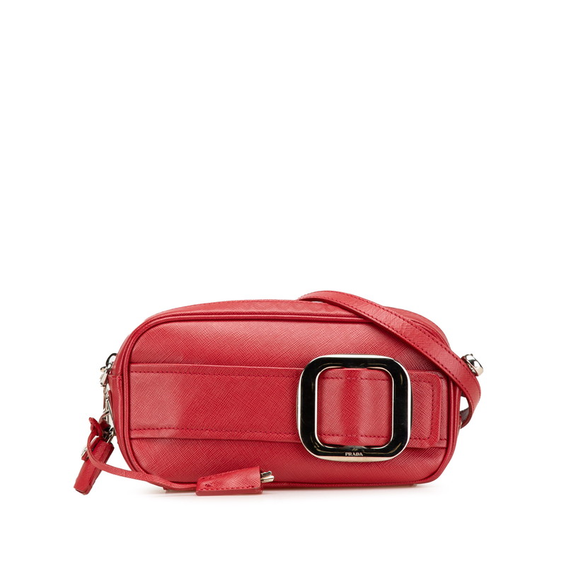 プラダ 三角ロゴプレート 斜め掛け ショルダーバッグ カメラバッグ レッド サフィアーノレザー レディース PRADA 【中古】｜【銀座パリス】　店