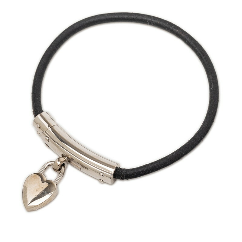 エルメス ヴィヴィリデ ハート カデナ ブレスレット シルバー ブラック メタル レザー レディース HERMES 【中古】 19,738円