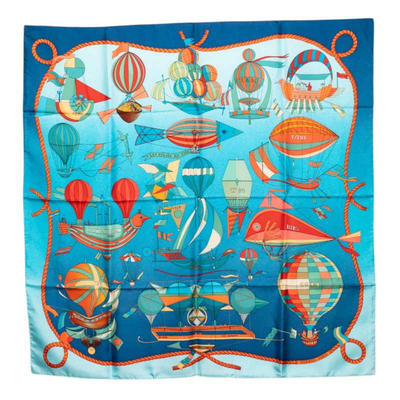 エルメス カレ90 LES FOLIES DU CIEL 大空の狂気 スカーフ 大判 ブルー系 シルク レディース HERMES 【中古】
